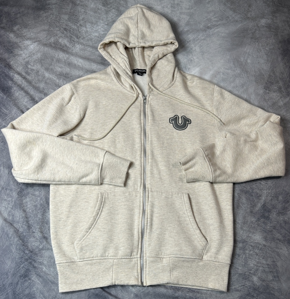 True Religion Hoodie Mens Large Beige Full Zip Fleece Buddha Back Graphic Logo